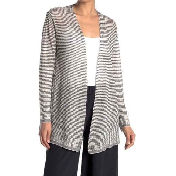 EILEEN Fisher Organic Linen Blend Striped Open Cardigan Sweater White Gray 1-2XL - Picture 1 of 13